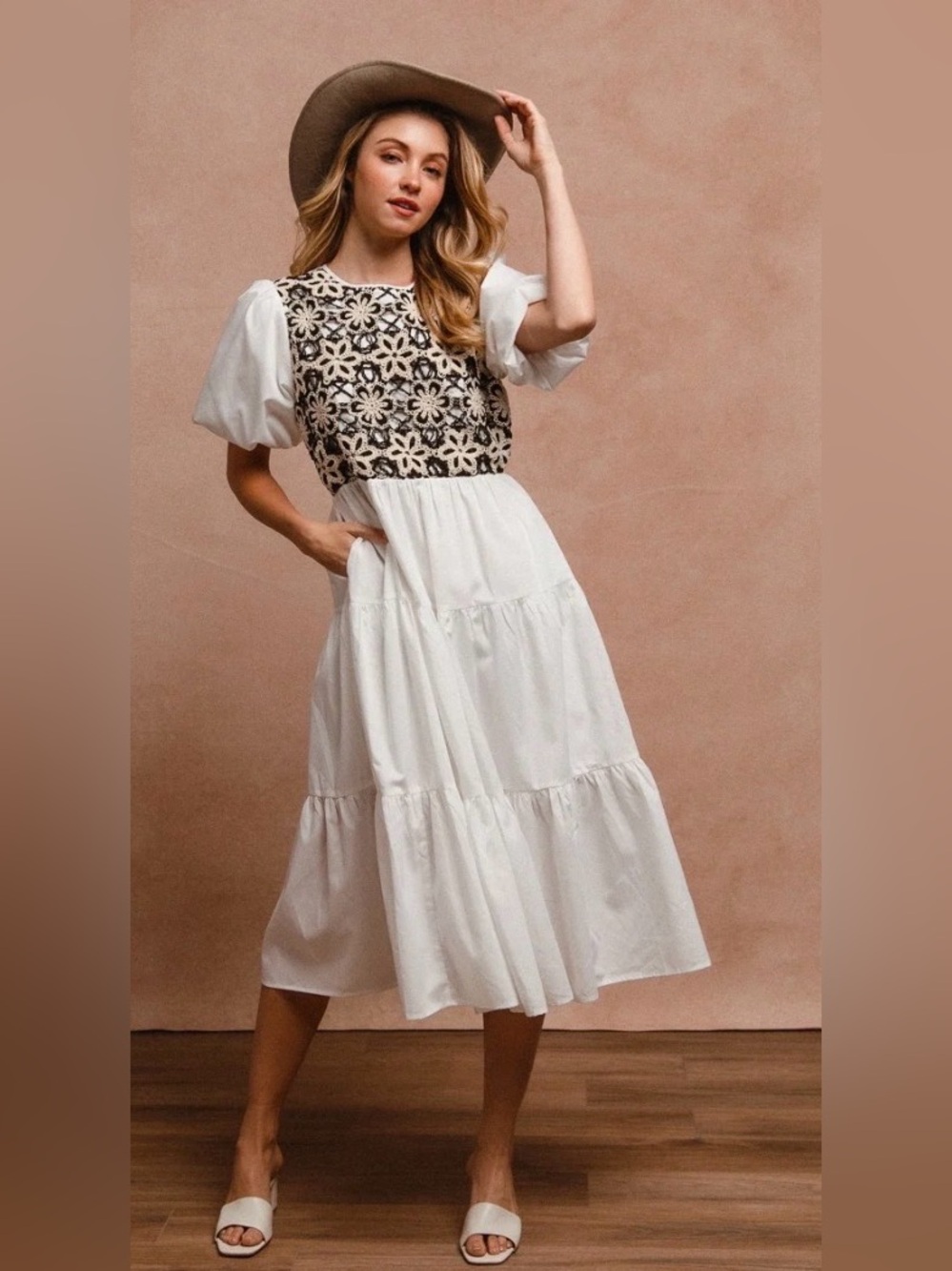 Bibi crochet top Cottagecore balloon sleeve peasant midi dress NWT XL